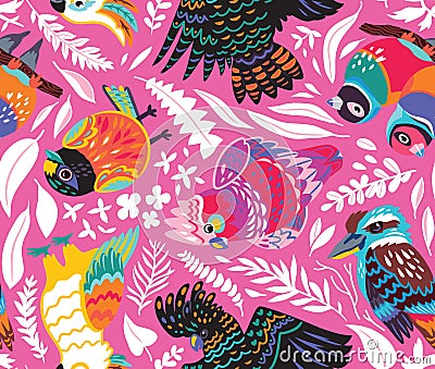 Seamless pattern with exotic australian birds and tropical leaves on pink background Vector Illustration