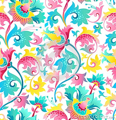 Seamless pattern with exotic flowers in Chinese style. Vector Illustration