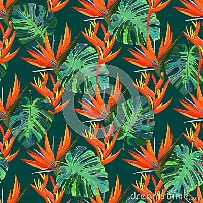 Seamless pattern with exotic plants. Summer dark background. Vector Illustration