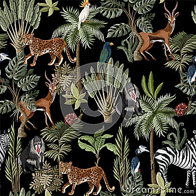 Seamless pattern with exotic trees and animals. Interior vintage wallpaper. Vector Illustration