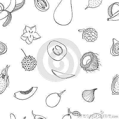 Seamless pattern with exotic tropical fruits. Black and white contour vector background. Vector Illustration