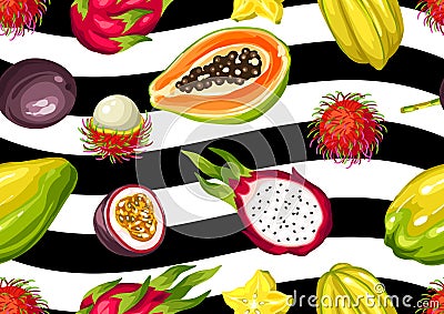 Seamless pattern with exotic tropical fruits. Illustration of asian plants Vector Illustration