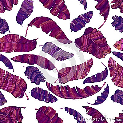 A seamless pattern of exotic, vibrant purple leaves of a banana Vector Illustration