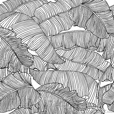 Seamless pattern of exotic, white banana leaves with a black outlines isolated on a transparent background. Vector Illustration