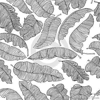 Seamless pattern of exotic, white banana leaves with a black outlines isolated on a transparent background Vector Illustration