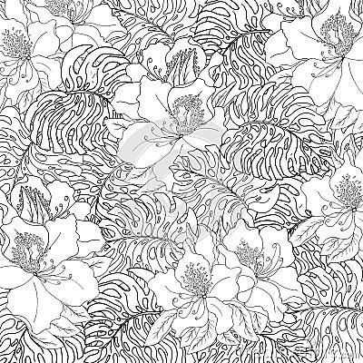 Seamless pattern of exotic white monstera leaves and azalea flowers with black outline Vector Illustration