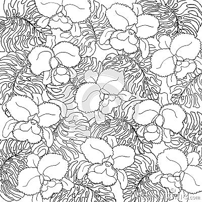 Seamless pattern of exotic white monstera leaves and orchids with black outline Vector Illustration