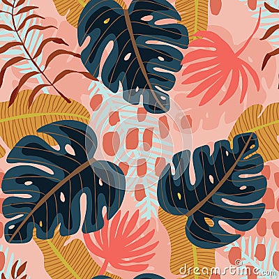 Seamless pattern with exotics tropical leaves on pink coral backdrop Vector Illustration