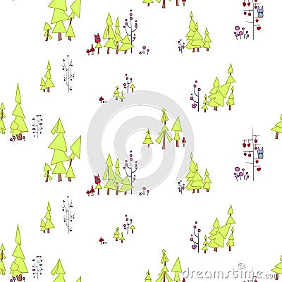 Seamless pattern. Fairy forest with owls and monsters. On the illustration there are pine trees, branched trees with circles and p Cartoon Illustration