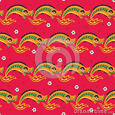 Seamless pattern with Fairytale Cute bright Dragon and fire isolated on white background. Fire breathing monsters. Happy Vector Illustration