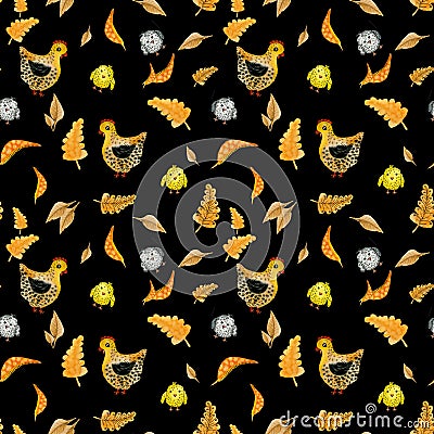 Seamless pattern of fall leaves, speckled hen with young chicks. Abstract watercolor hand drawn elements Stock Photo