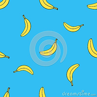 Seamless pattern with falling yellow not peeled banana in pop art style Vector Illustration
