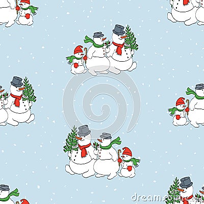 Seamless pattern of family cheerful snowmen walking in christmas Vector Illustration