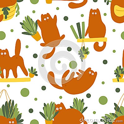 Seamless pattern with fanny cats character and plants. Vector character cute kitten. Cozy home with plants and red cat. Cartoon Vector Illustration