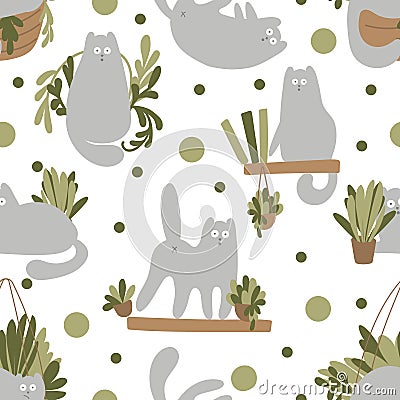 Seamless pattern with fanny cats character and plants. Vector character cute kitten. Cozy home with plants and gray cat. Cartoon Vector Illustration