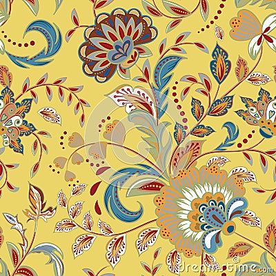 Seamless pattern with fantasy flowers, natural wallpaper, floral decoration curl illustration. Paisley print hand drawn Vector Illustration