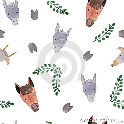 Seamless pattern with farm animals - horses, donkeys, green leaves .. watercolor illustrations for prints, design, textiles Cartoon Illustration