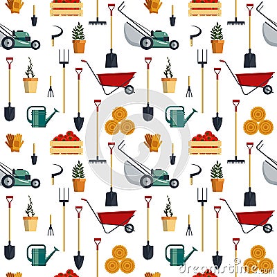 Seamless pattern farm tools flat- illustration. Garden instruments icon collection. Farming equipment Cartoon Illustration