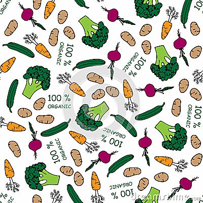 Seamless pattern with Farmers market vegetables. Cartoon background. Healthy food Vector doodle illustration. For web Vector Illustration