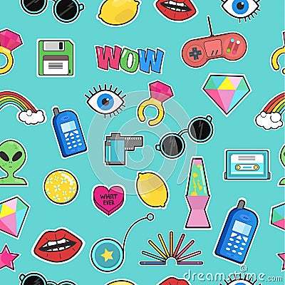 Seamless pattern with fashion patch badges with elements in cartoon 80s-90s comic style.Vector background Vector Illustration