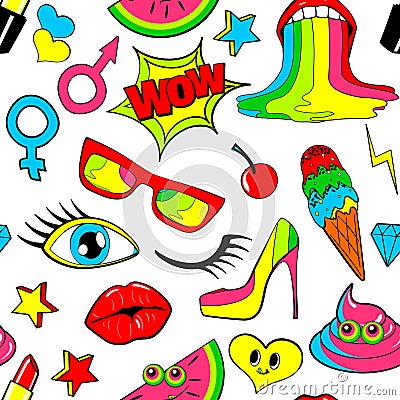 Seamless pattern of fashion patch badges. lips, kiss, heart, speech bubble, star, ice cream, lipstick, eye, shit. Vector Vector Illustration