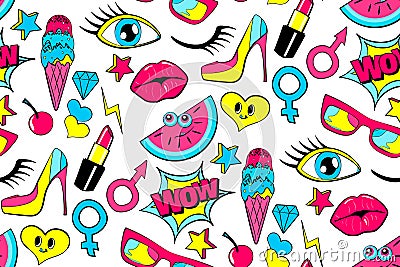 Seamless pattern of fashion patch badges. lips, kiss, heart, speech bubble, star, ice cream, lipstick, eye. Vector Vector Illustration