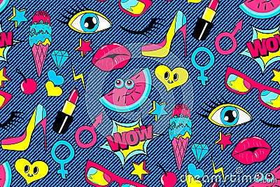 Seamless pattern of fashion patch badges. lips, kiss, speech bubble, star, ice cream, lipstick, eye. Vector over denim ba Stock Photo