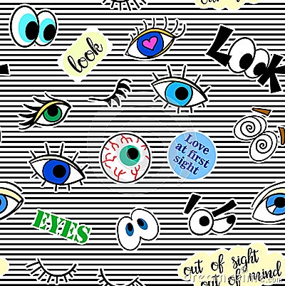 Seamless pattern with fashion patch badges. Pop art. Vector background stickers, pins, patches in cartoon 80s-90s comic Vector Illustration