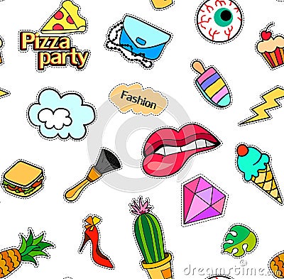 Seamless pattern with fashion patch badges. Pop art. Vector background stickers, pins, patches in cartoon 80s-90s comic Vector Illustration