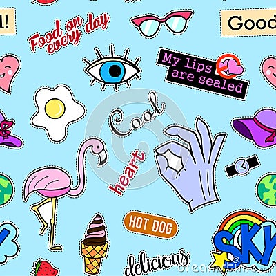 Seamless pattern with fashion patch badges. Pop art. Vector background stickers, pins, patches in cartoon 80s-90s comic Vector Illustration