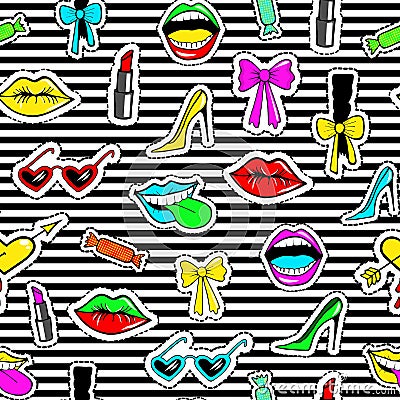 Seamless pattern with fashion patch badges with shoe, lipstick, bow, glasses and other elements.Vector background Vector Illustration