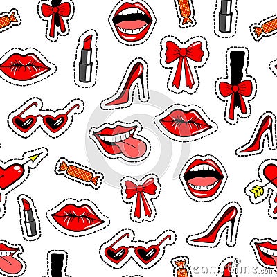 Seamless pattern with fashion patch badges shoe, lipstick, bow, glasses and other elements.Vector background stickers Vector Illustration