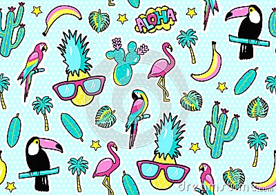 Seamless pattern with fashion patch badges with toucan, flamingo, parrot, exotic leaves, hearts, stars, speech bubbles, pineapple. Vector Illustration