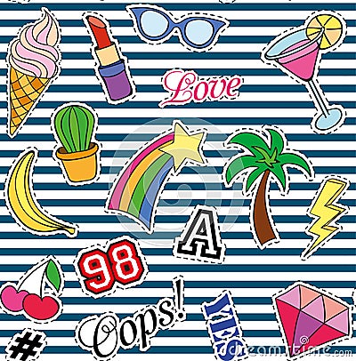 Seamless pattern with Fashion patches. stickers, pins and handwritten notes collection in cartoon 80s-90s comic style Vector Illustration