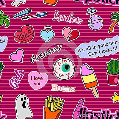 Seamless pattern with Fashion patches. stickers, pins and handwritten notes collection in cartoon 80s-90s comic style Vector Illustration