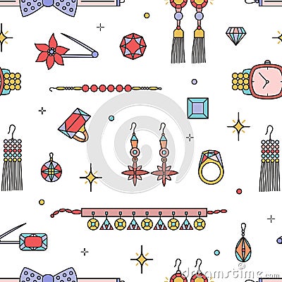 Seamless pattern with fashionable jewelry, bijouterie or trinkets on white background - earrings, necklace, bracelet Vector Illustration