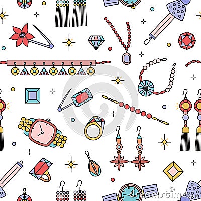 Seamless pattern with fashionable jewelry items on white background - earrings, necklace, bracelet, gemstones Vector Illustration
