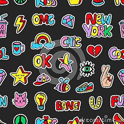 Seamless pattern with fashionable patch badges set, on black background Vector Illustration