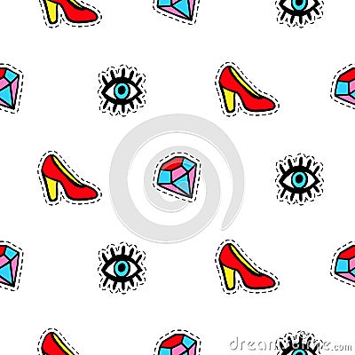 Seamless pattern with fashionable patch badges set, red shoes, eyes and diamonds, isolated on white background Vector Illustration