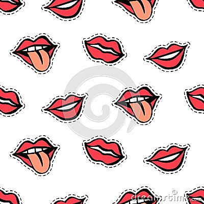 Seamless pattern with fashionable red lips and tongue set Vector Illustration