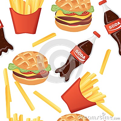 Seamless pattern fast food menu hamburger soda and french fries flat vector illustration on white background Vector Illustration