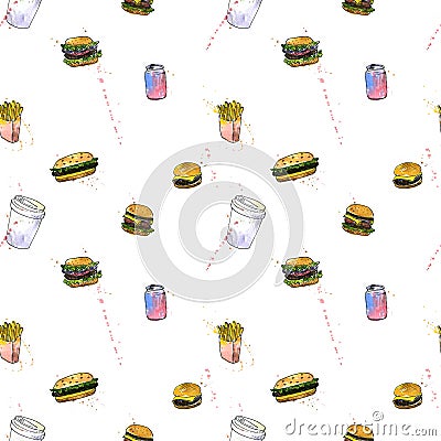 Seamless pattern with fast food sketch Cartoon Illustration