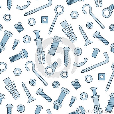 Seamless pattern of fasteners. Bolts, screws, nuts, dowels and rivets in doodle style. Hand drawn building material. Vector Illustration