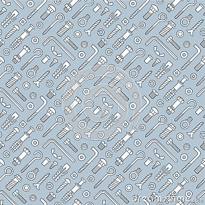 Seamless pattern of fasteners. Bolts, screws, nuts, dowels and rivets in doodle style. Hand drawn building material. Vector Illustration