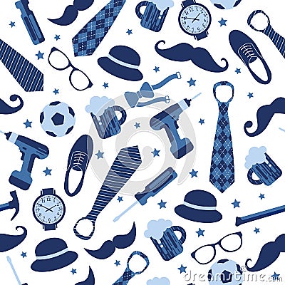 Seamless pattern of Fathers day. Flat set icons on white background. Vector Illustration