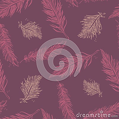 Seamless Pattern with Feathers pink on a purple background. Vintage Artistically hand drawn stylized tribal feathers. Doodle Ink Vector Illustration