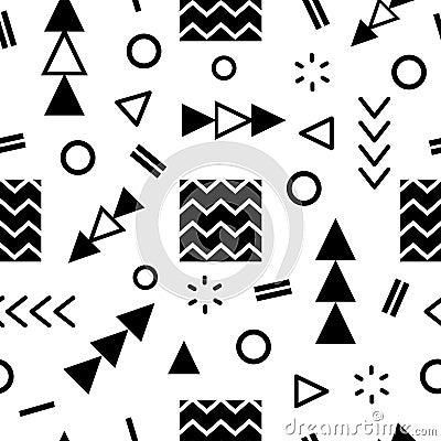 Seamless pattern features black and white geometric shapes including triangles, circles, squares, and arrows, creating a Vector Illustration