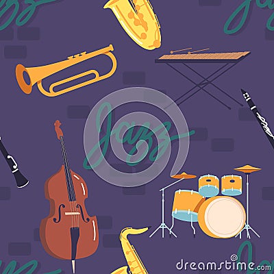 Seamless Pattern Featuring An Assortment Of Jazz Instruments, Xylophone, Double Bass, Saxophone, Drum Kit And Trumpet Vector Illustration