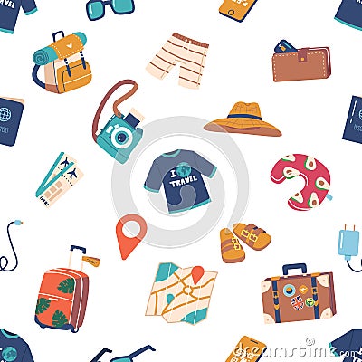 Seamless Pattern Featuring Collection Of Traveler Items Such As Suitcase, Passport, Camera, Map, And Clothes, Vector Vector Illustration