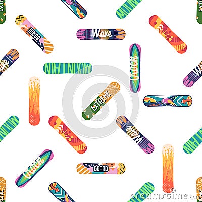 Seamless Pattern Featuring Colorful Snowboards Gracefully Arranged Against White Backdrop, Vector Illustration Vector Illustration